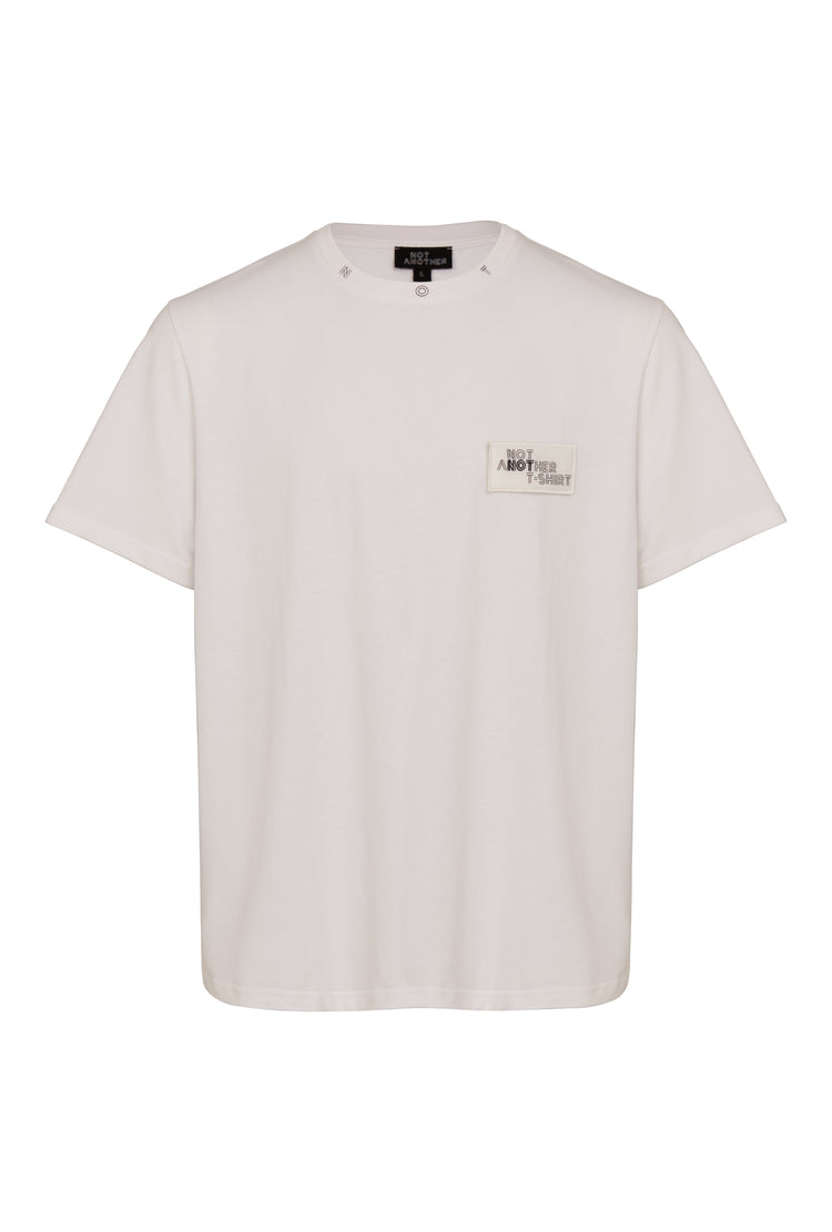 Unisex White Sustainable Recycled cotton Signature T-Shirt Front View Crystal patches