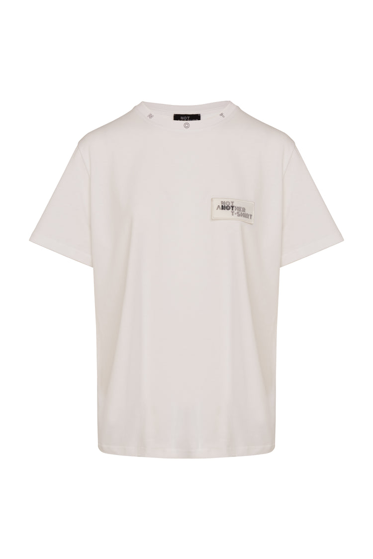Unisex White Sustainable Recycled cotton Signature T-Shirt Front View women Crystal patches