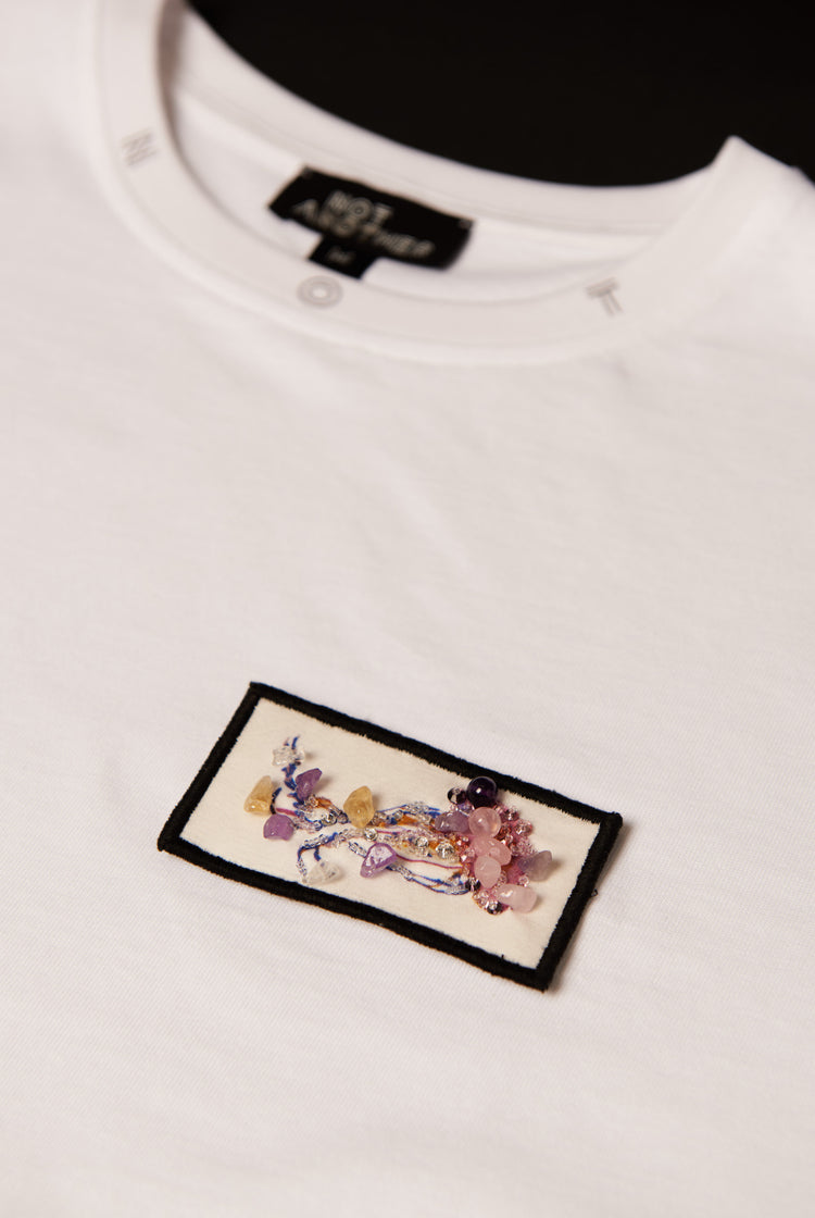Serenity Crystal Patch with rose quartz, amethyst and citrine crystals on white signature recycled cotton unisex t-shirt