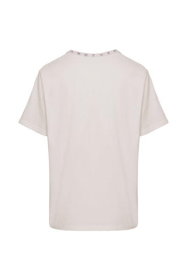 Unisex White Sustainable Recycled cotton Signature T-Shirt Back View Crystal patches Women