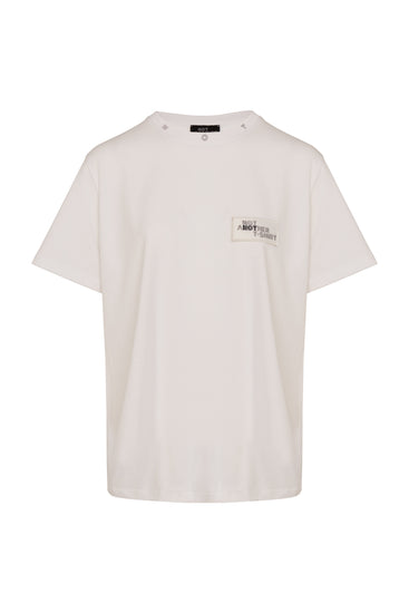 Unisex White Sustainable Recycled cotton Signature T-Shirt Front View women Crystal patches